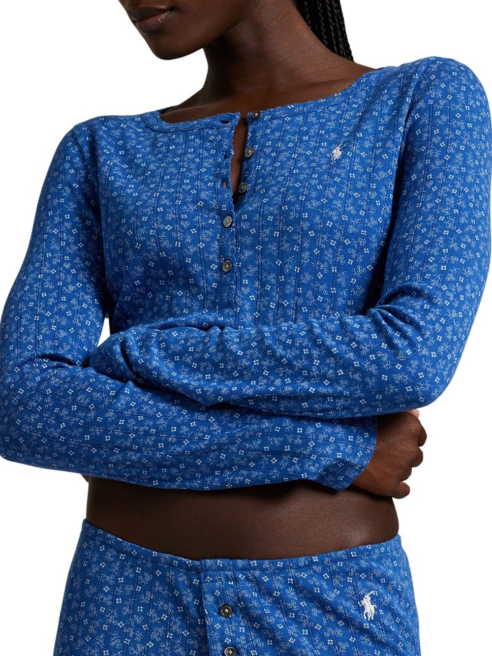 Polo Ralph Lauren 100% Cotton Pointelle Henley Shirt Size S Twilight Ditsy Blue